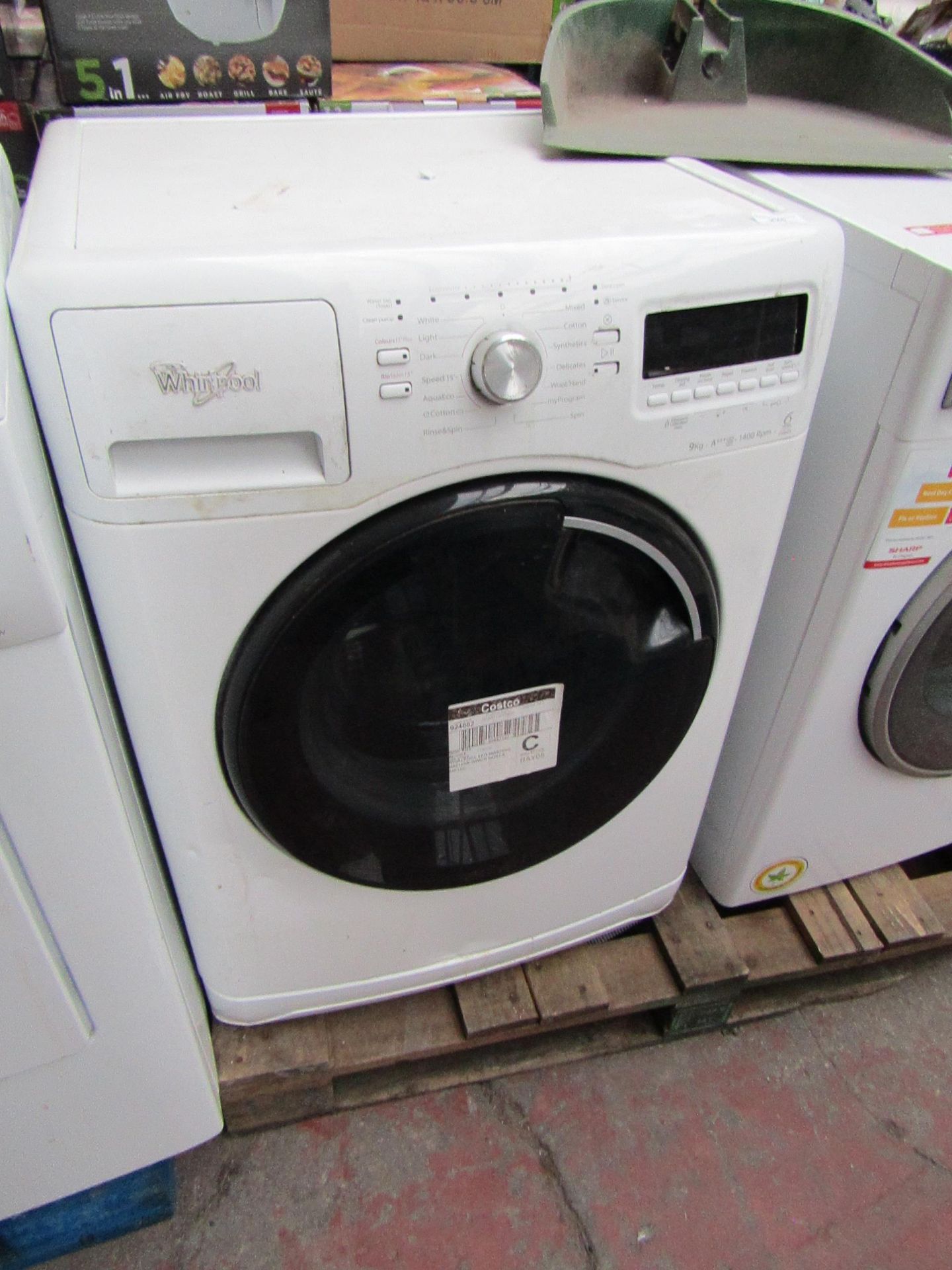 Whirlpool 6th Sense Colours 9Kg washing machine, no power due to damaged buttons.