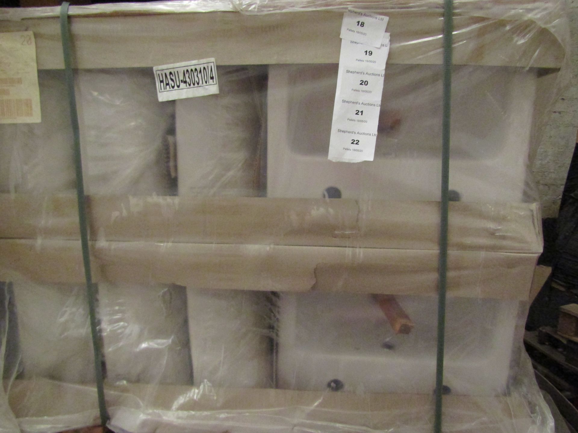 Pallet of approx 28 Lecico Senner 2 tap hole 43cm basins, new