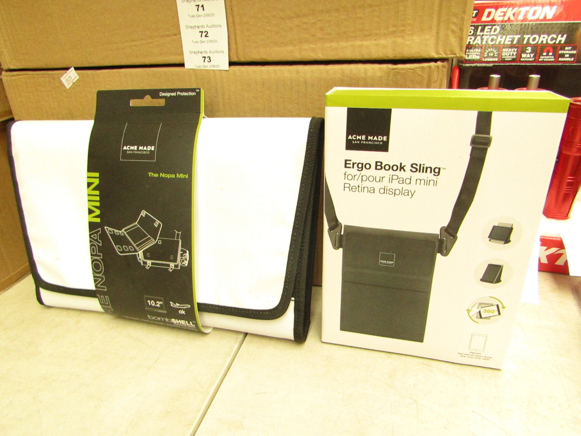 Acme Made Nopa Mini 10.2" tablet protector with an Acme Made ergo book sling, new and packaged.