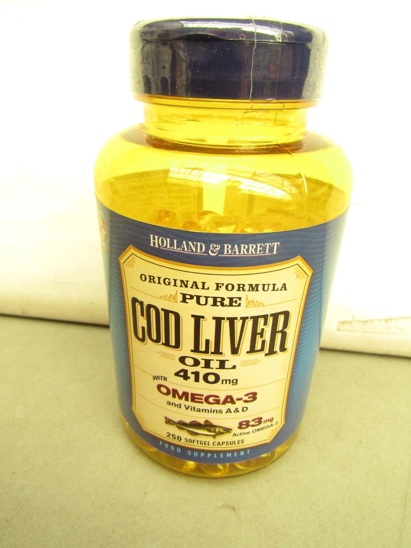 250 Soft Gel Capsules of Holland & Barrett Cod liver Oil 410mg with Omega 3 & Vitamins A & D. new In