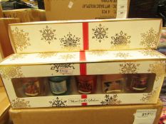 5x Sets of 5 various scented festive candles, new and boxed.