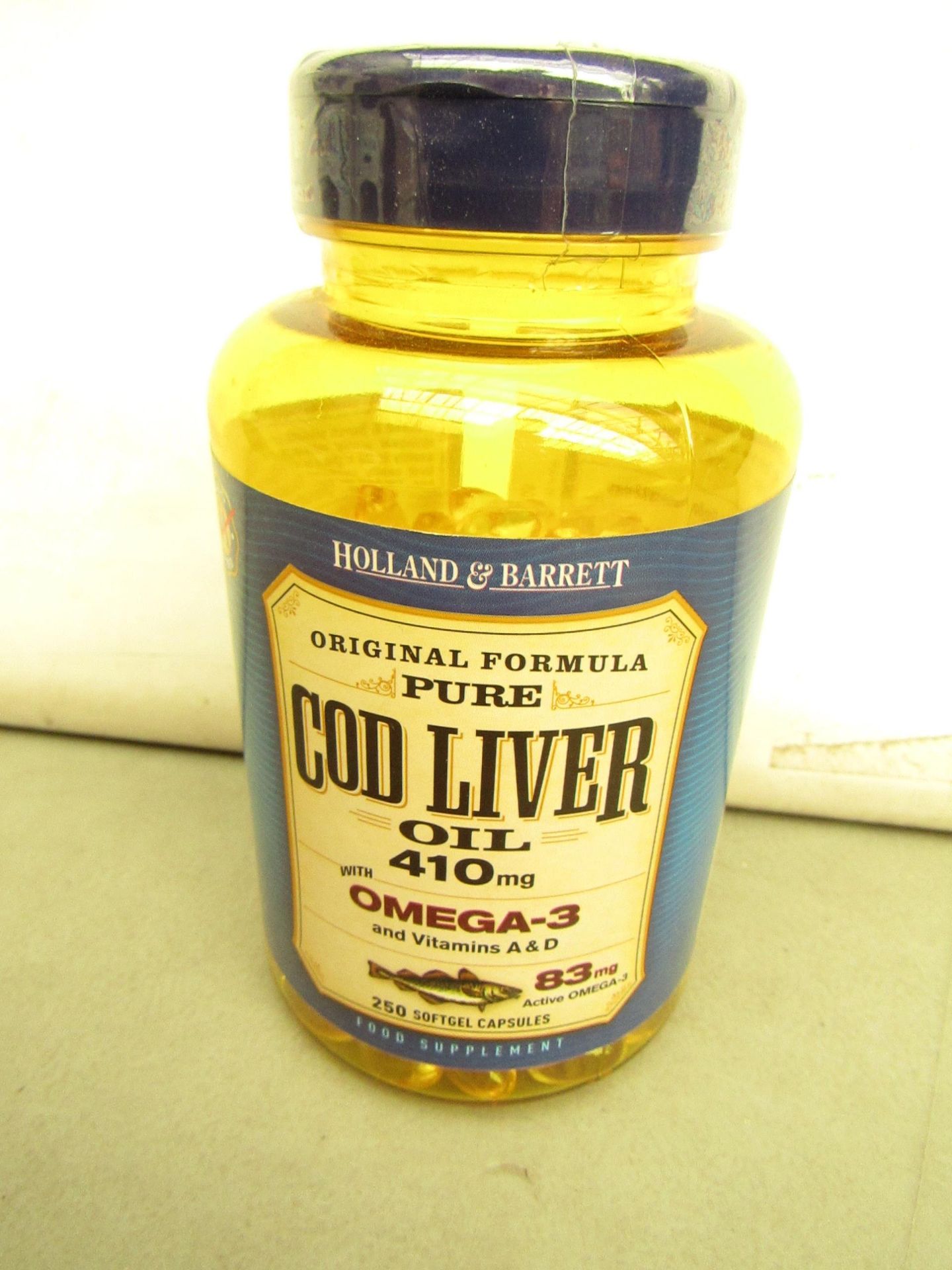 250 Soft Gel Capsules of Holland & Barrett Cod liver Oil 410mg with Omega 3 & Vitamins A & D. new In