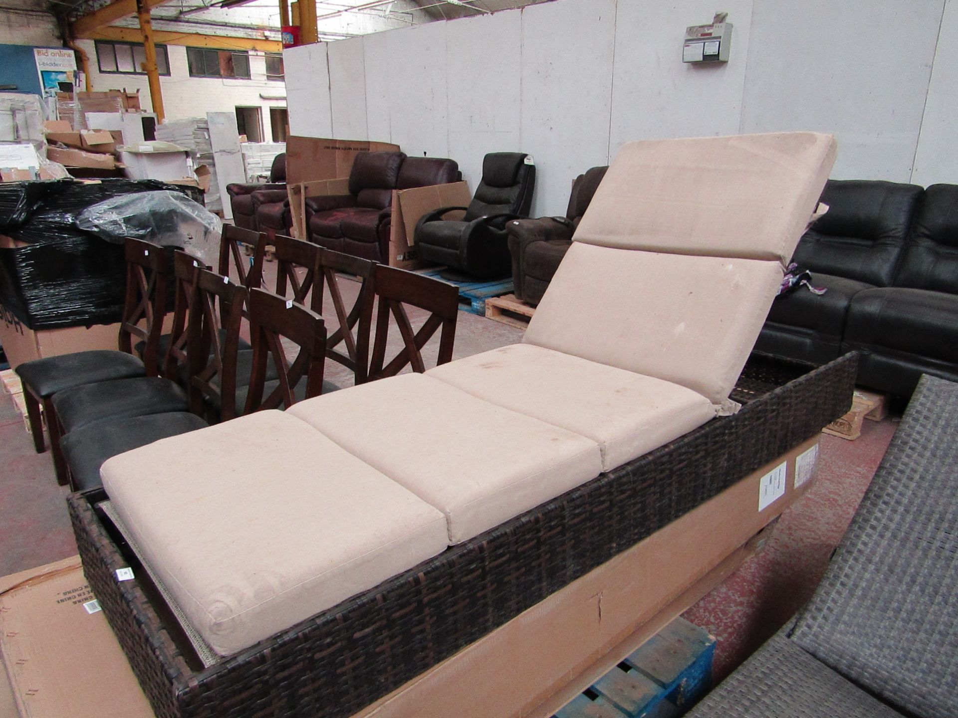 Costco Brown woden Chaise lounger with cushions, used, missing the legs.