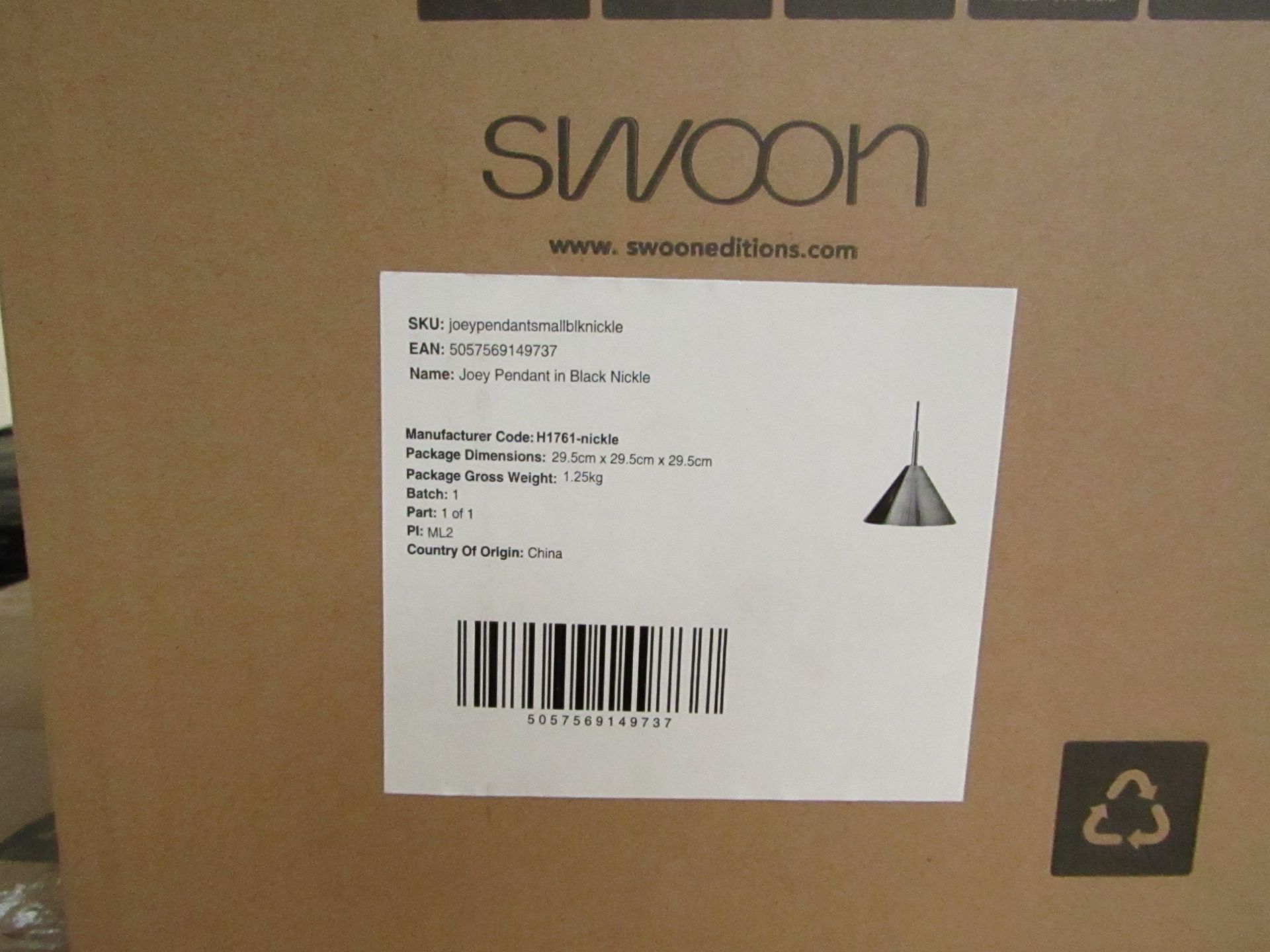 |1x SWOON JOEY PENDANT LIGHT IN BLACK NICKLE | NEW AND BOXED | RRP £79 |SKU 5057569149737 | - Image 2 of 2