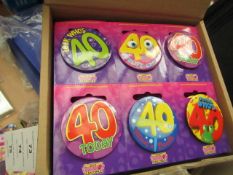 12 Packs of 6 40th Birthday Badges. Unused & Boxed