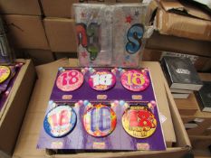 12 Packs of 6 18th Birthday badges with 6 Happy Birthday Banners. Unused & Boxed