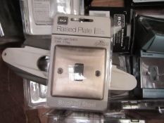 10 x Brushed Steel Single Switched Sockets. Unused & Packaged