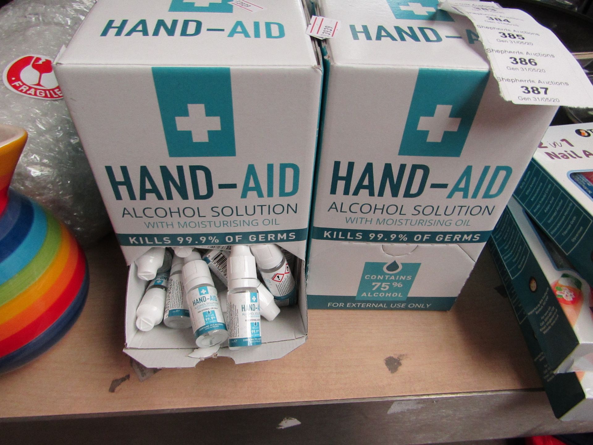 Box of 50 x 10ml Hand Aid Alcohol Solutions with moisturising Oil. Unused & Boxed