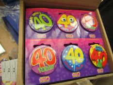 12 Packs of 6 40th Birthday Badges. Unused & Boxed