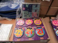12 Packs of 6 21st Birthday badges with 6 Happy Birthday Banners. Unused & Boxed