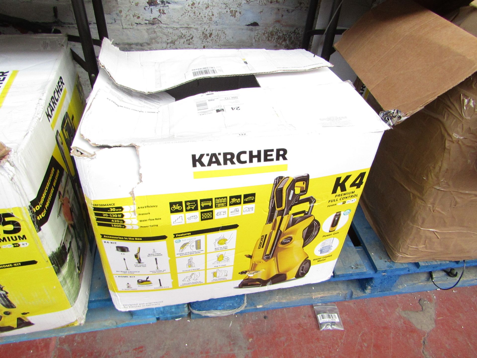 Karcher K4 Premium control pressure washer, powers on but not fully tested functions. Includes lance