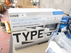 Type S HD quick-connect wireless backup cam with 5" hand wave activated monitor, untested, unchecked