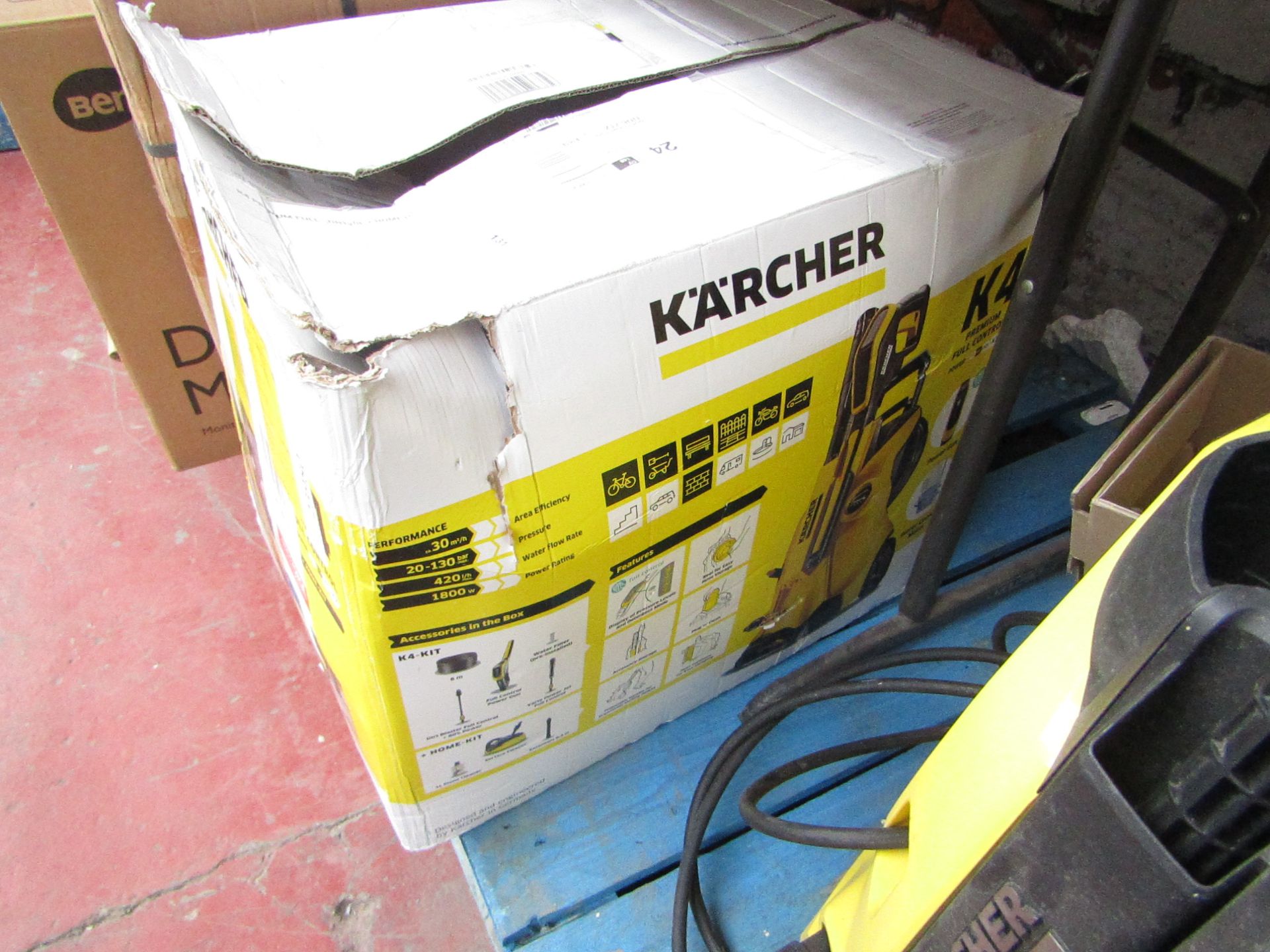 Karcher K4 Premium control pressure washer, powers on but not fully tested functions. Includes lance