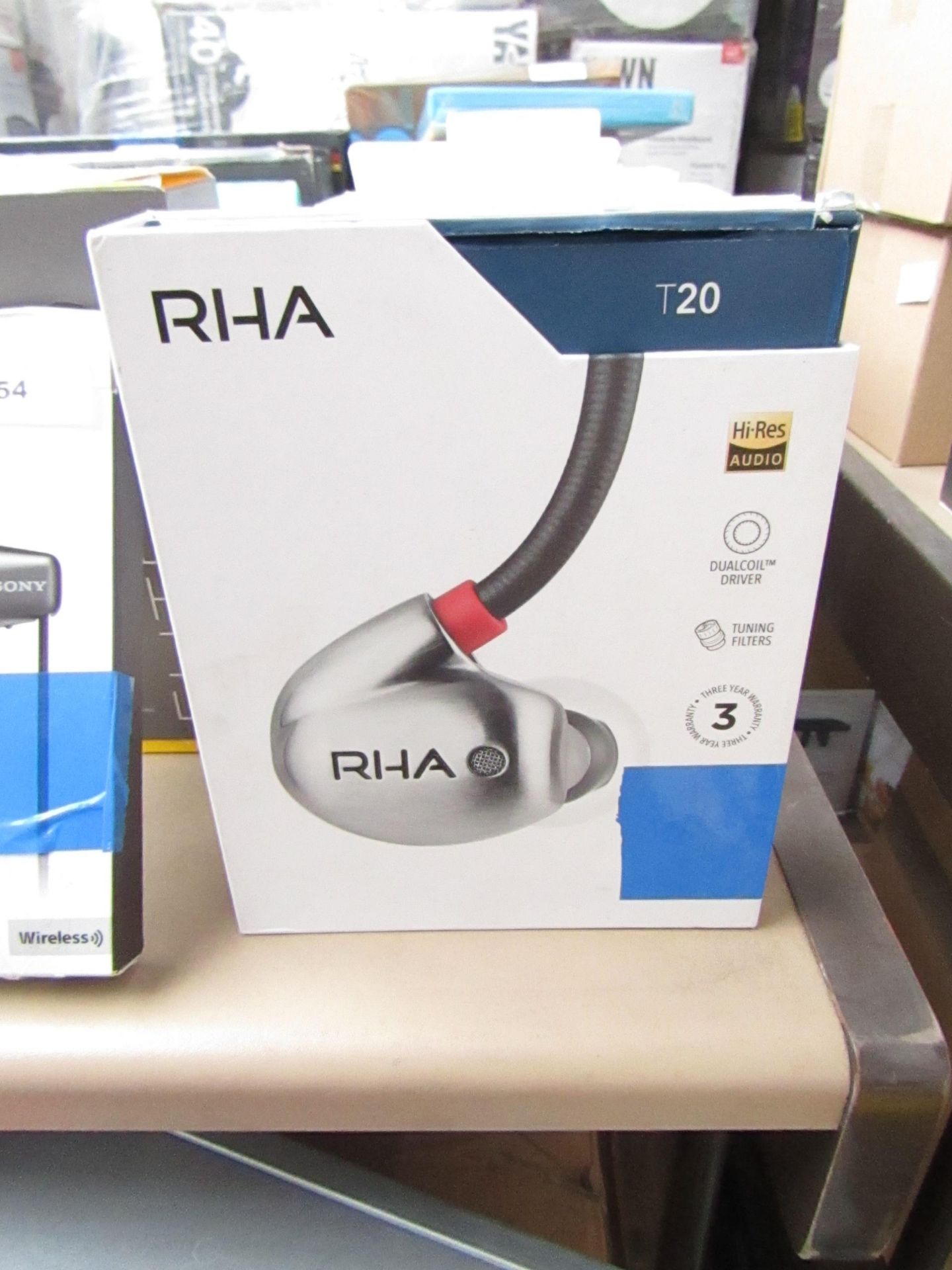RHA T20 wired earphones, one ear is quiet and boxed.