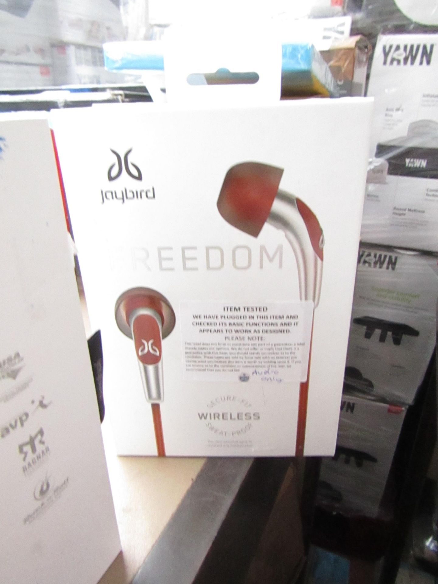 Jaybird Freedom Wireless Earphones, tested working for audio only, mic untested. Boxed.