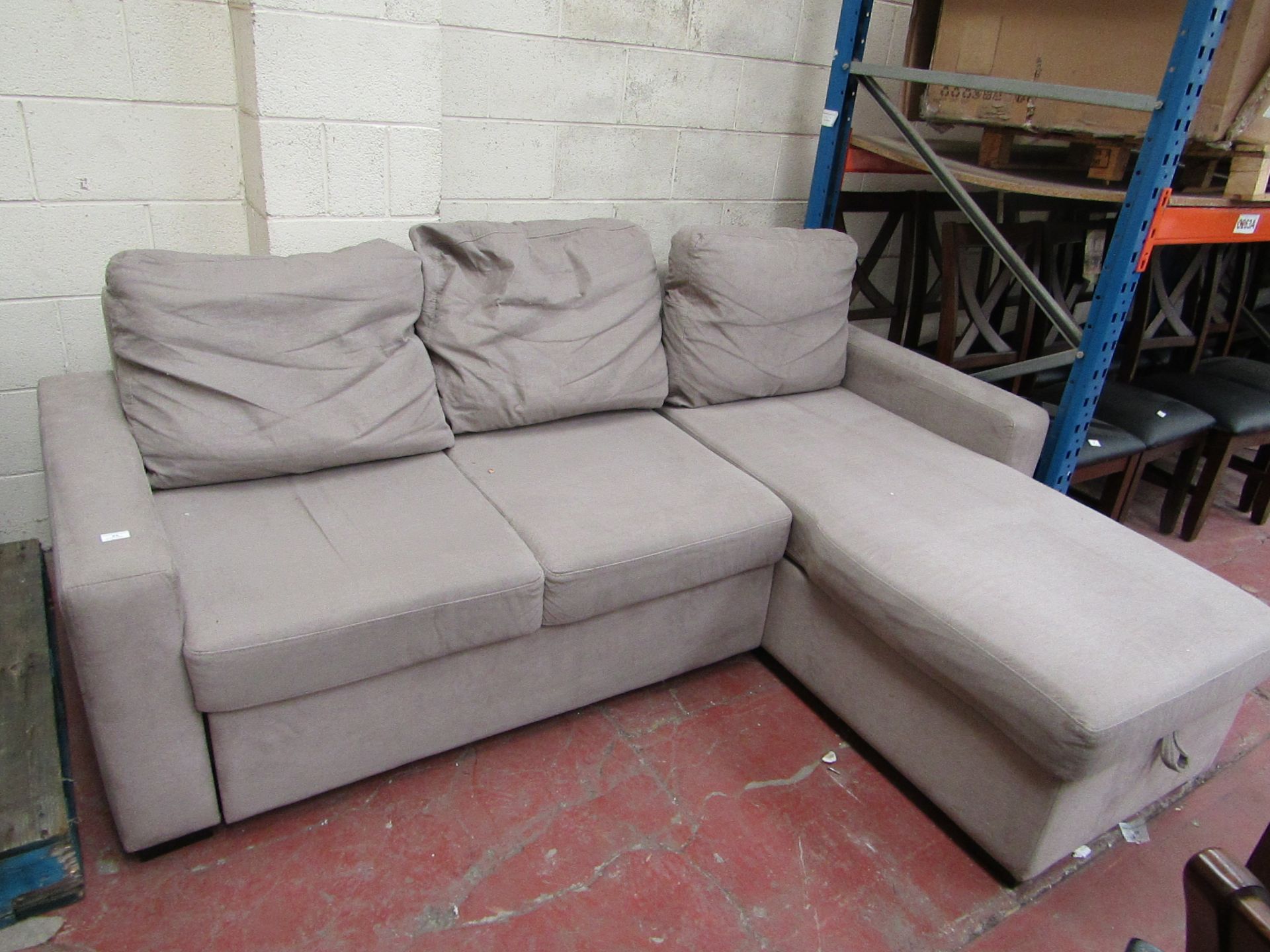 Polaski fabric pull out sofa bed with chaise pull up storage, one of the back cushions needs