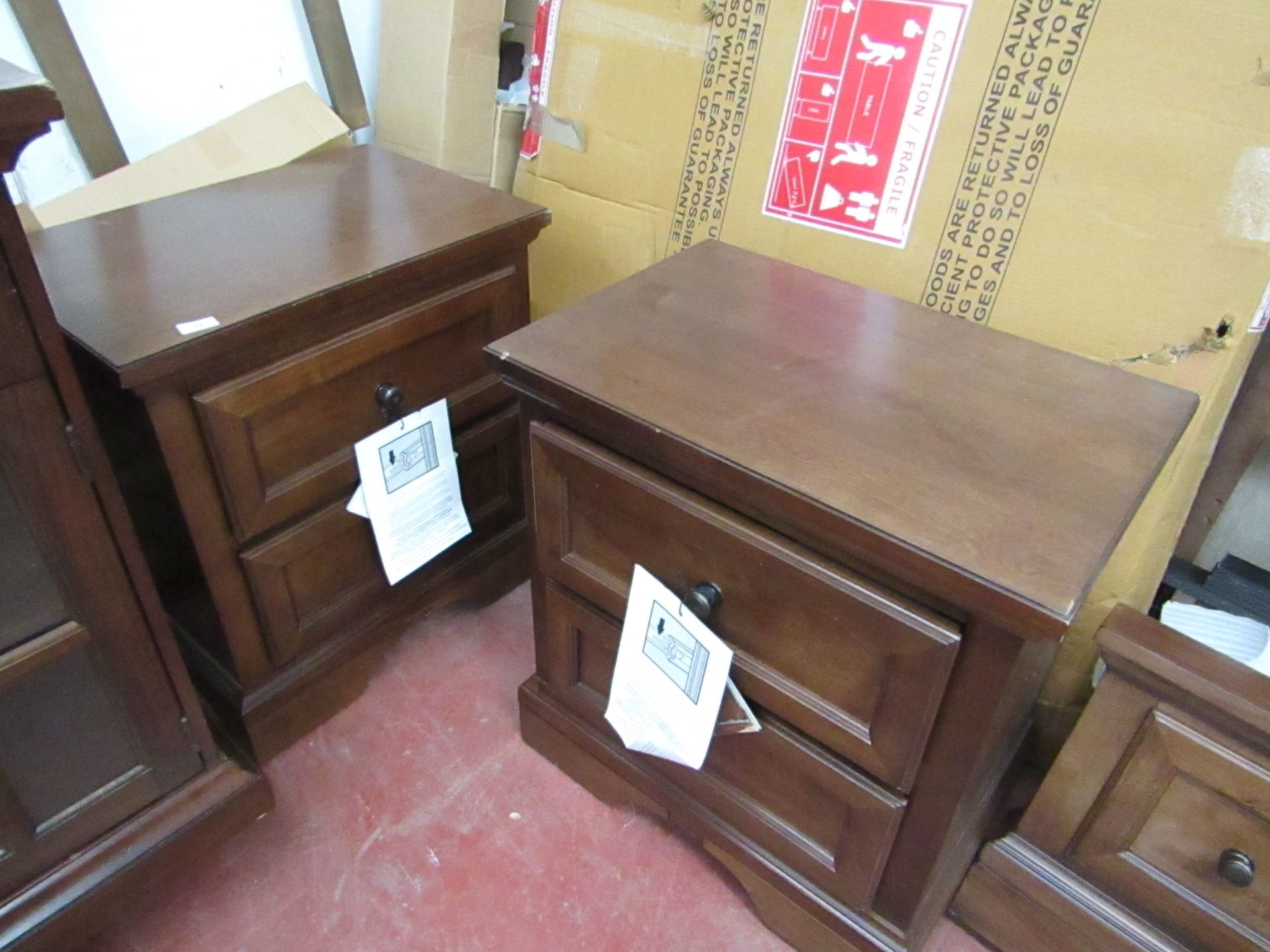 Pair of Universal Boardmore furniture bed side cabinets, both has small nicks and scrapes on the