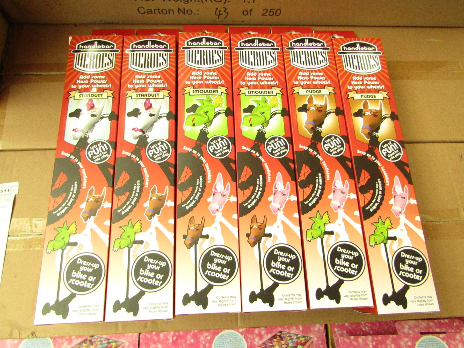 6x Various designed Handlebar Heros, designs include; Stardust, Smoulder and Fudge. New and boxed.