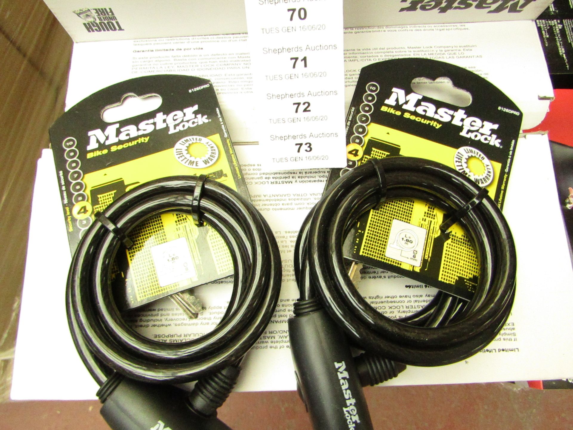 2x Master Lock level 4 security 1.8mtr Bike locks, new