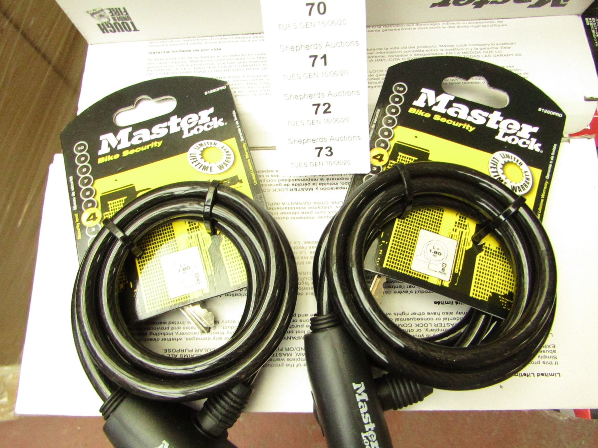 2x Master Lock level 4 security 1.8mtr Bike locks, new