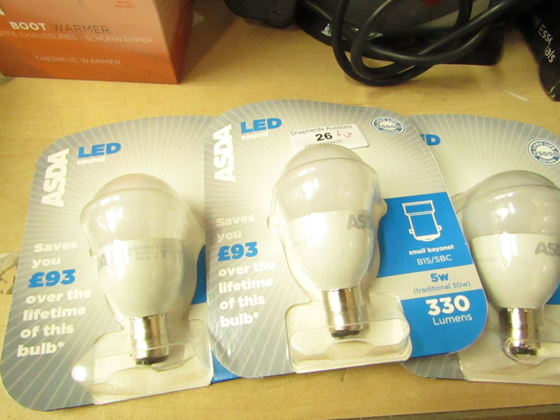 3 x Asda 5w Round LED B15/SBC Small Bayonet Bulbs. Unused & Packaged