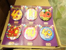 Box of 60 40th Birthday Badges. New & Boxed