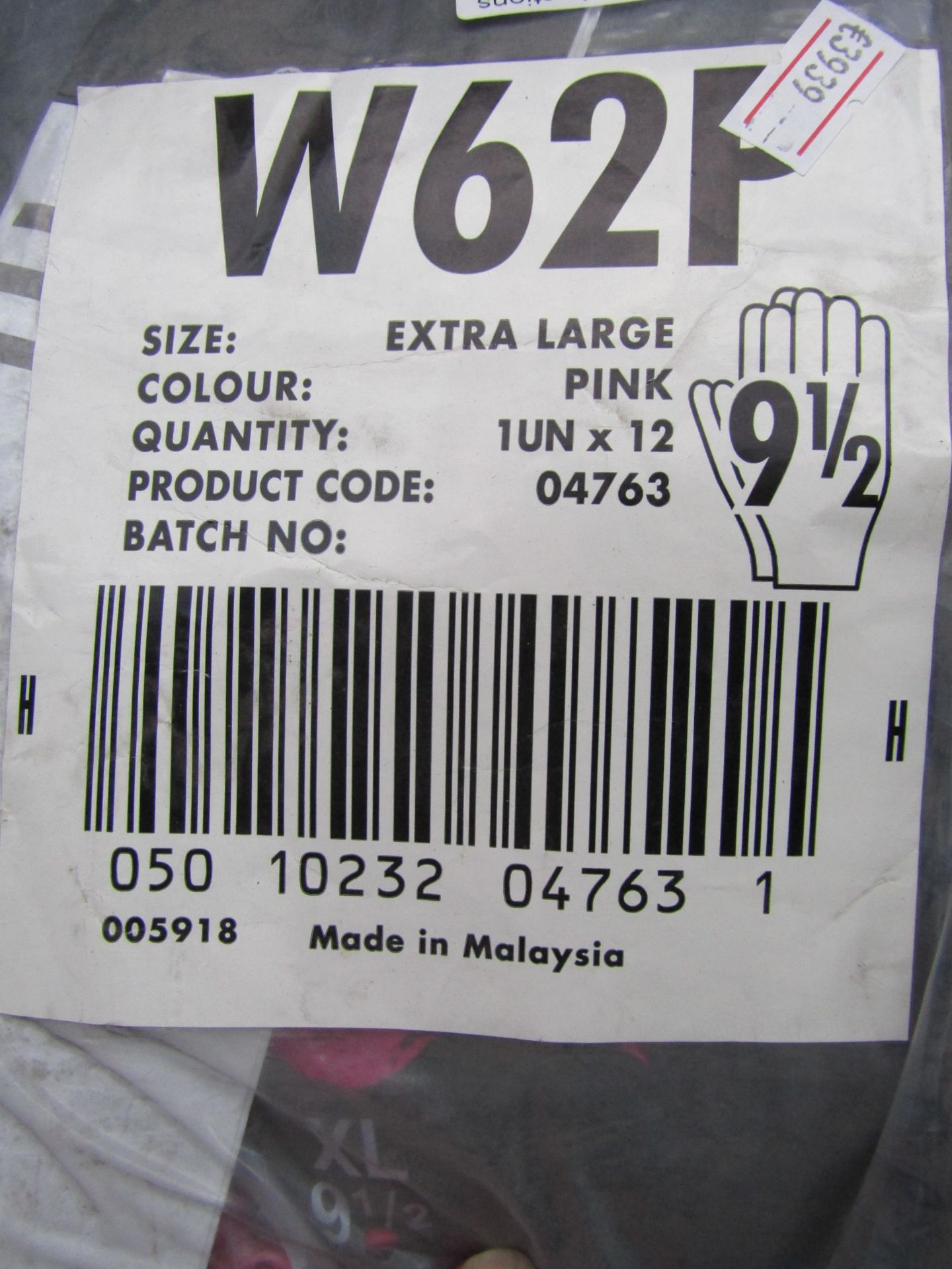 12x W26P large pink viynl gloves, size 9 1/2, new and packaged.