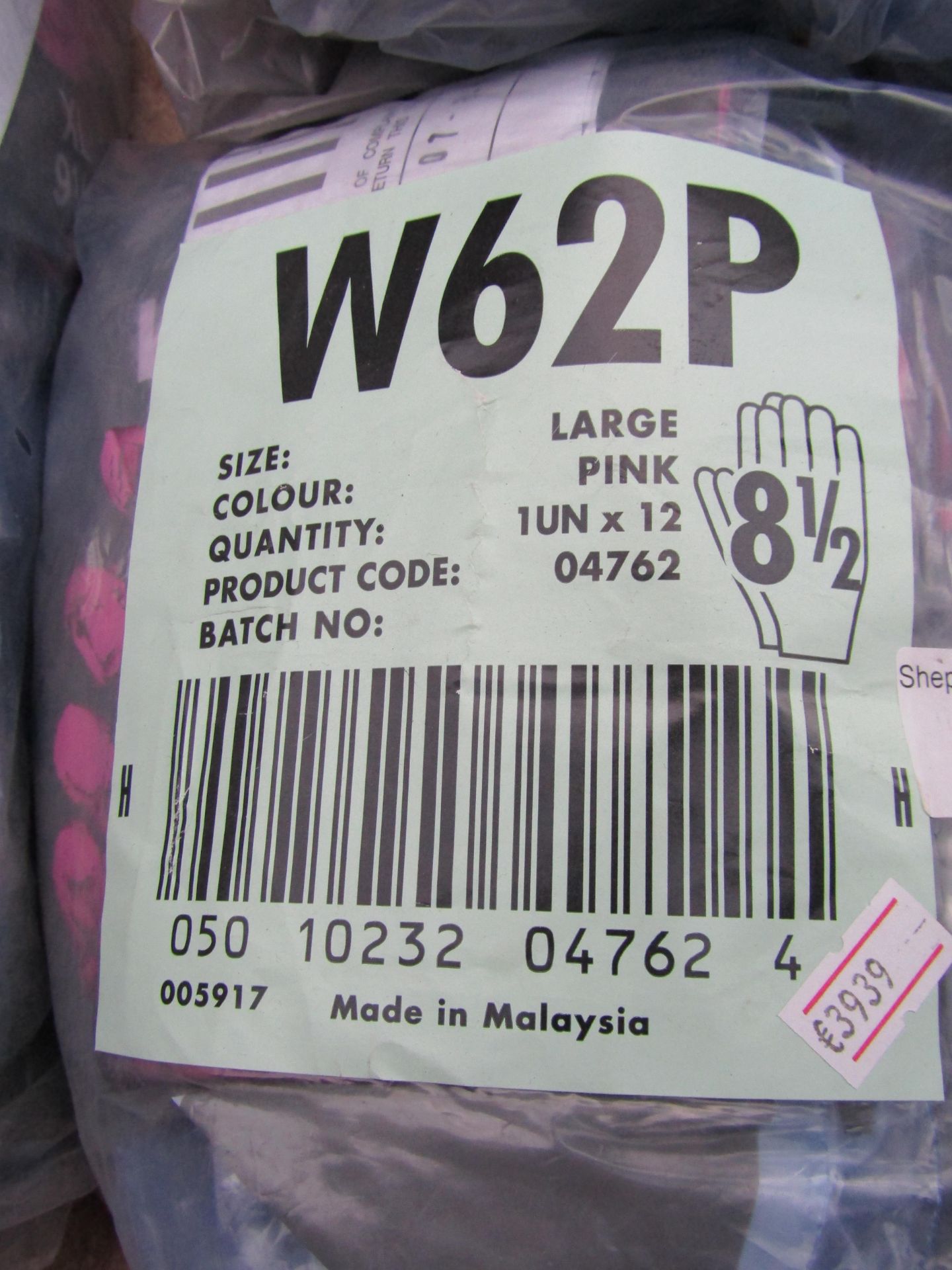 12x W26P large pink viynl gloves, size 8 1/2, new and packaged.