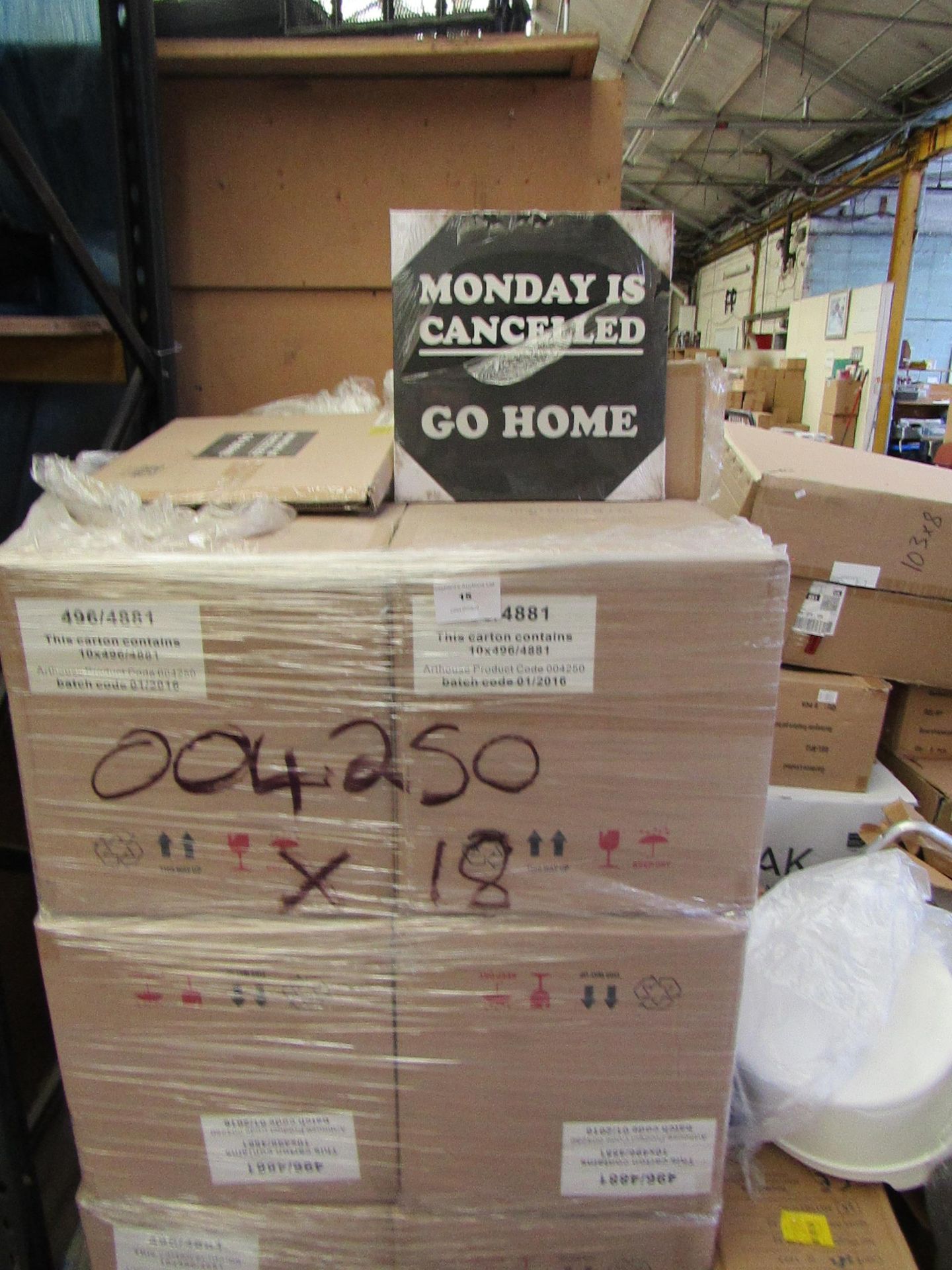 Pallet of approx 120 Mondays Cancelled novelty canvas prints, new