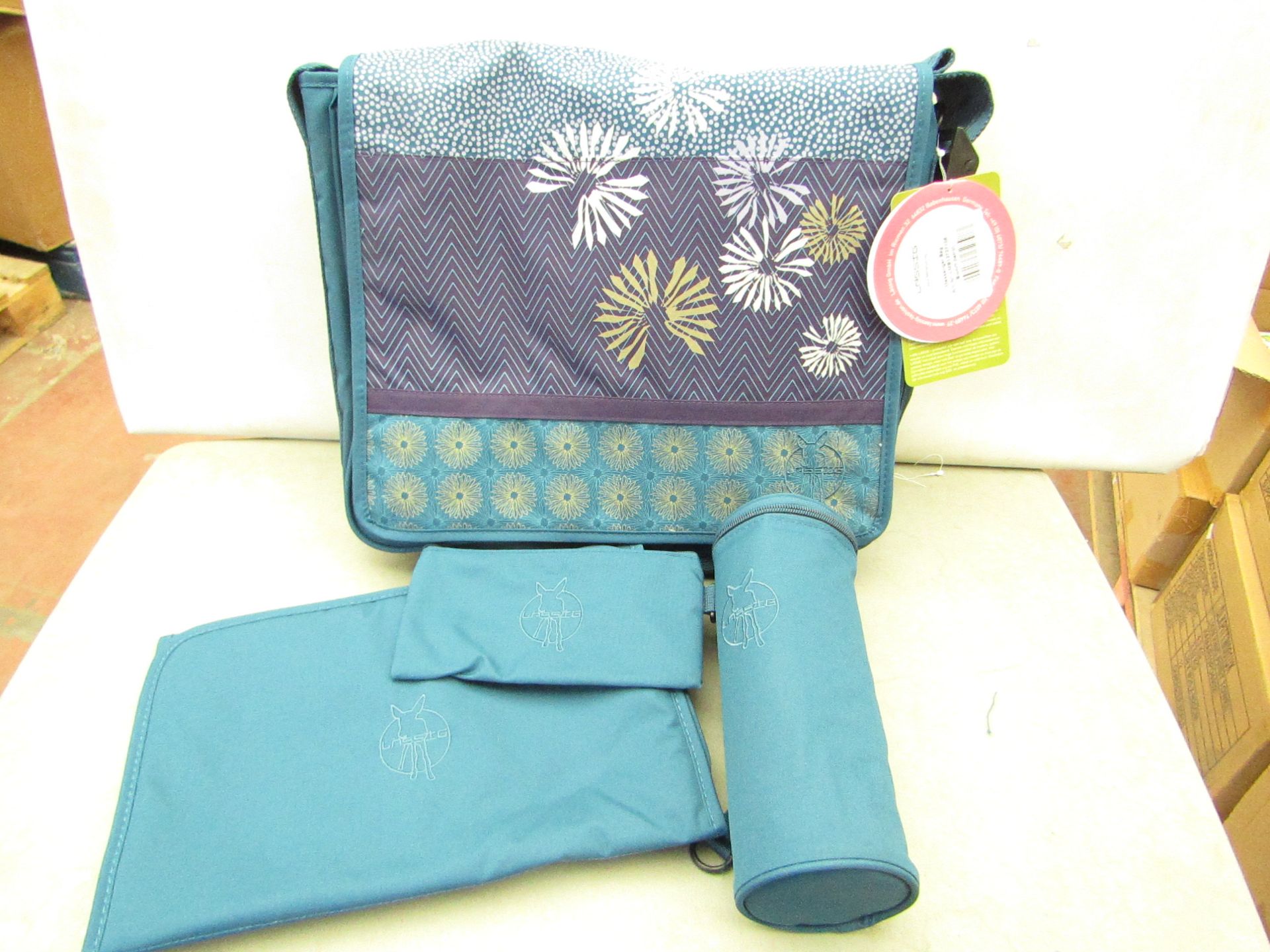 Lassig Casual Messenger Diaper Bag includes matching Insulated Bottle Holder, Changing Mat and