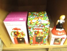 3 Items Being 2 x Retro Gumball machines & Marilyn Salt & pepper Shakers. Boxed