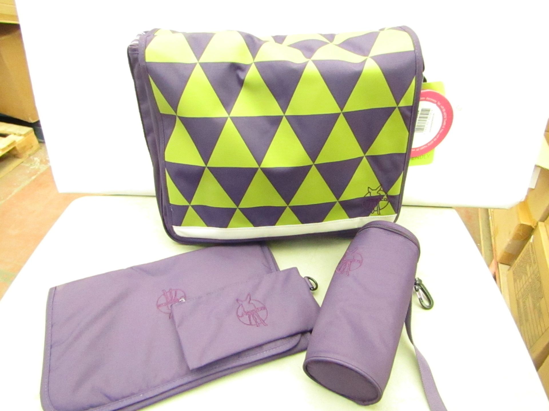 Lassig Casual Messenger Diaper Bag includes matching Insulated Bottle Holder, Changing Mat and