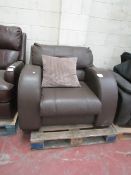 Brwion leather armchair with scatter cushion, a few marks and scuffs but overall in good condition