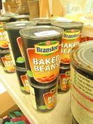8 x 410g Branston baked beans. Some tins are slightly damaged. BB March 2022