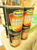 8 x 410g Branston baked beans. Some tins are slightly damaged. BB March 2022