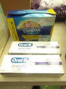 3 Items Being 2 x Oral B 3D White Luxe Toothpaste (75ml each) & 36 Reg Tampax Pearl Compak.
