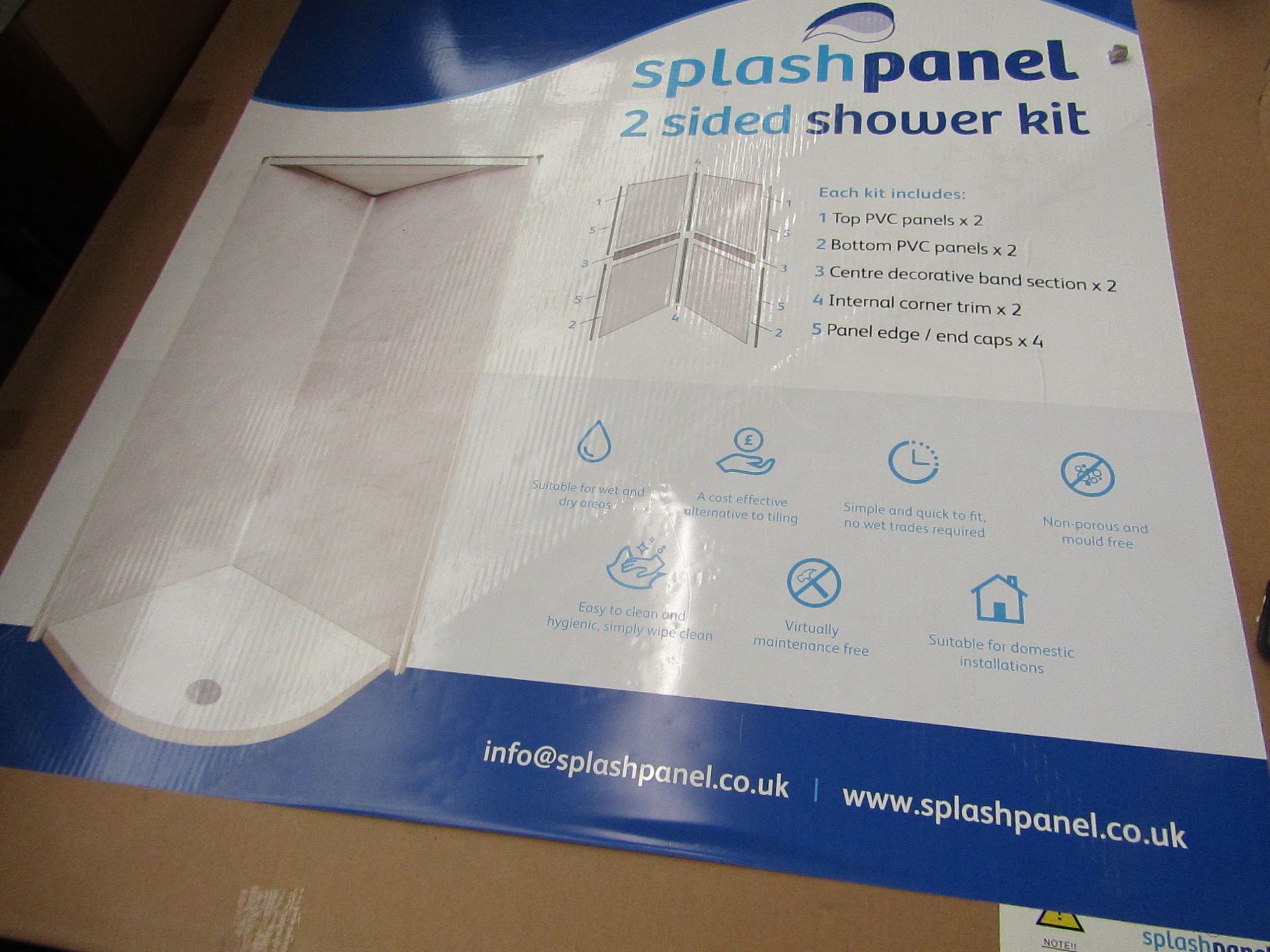 Splash Panel 2 sided shower wall kit in Sandstone, new and boxed, the kit contains 2 1200x1200 top