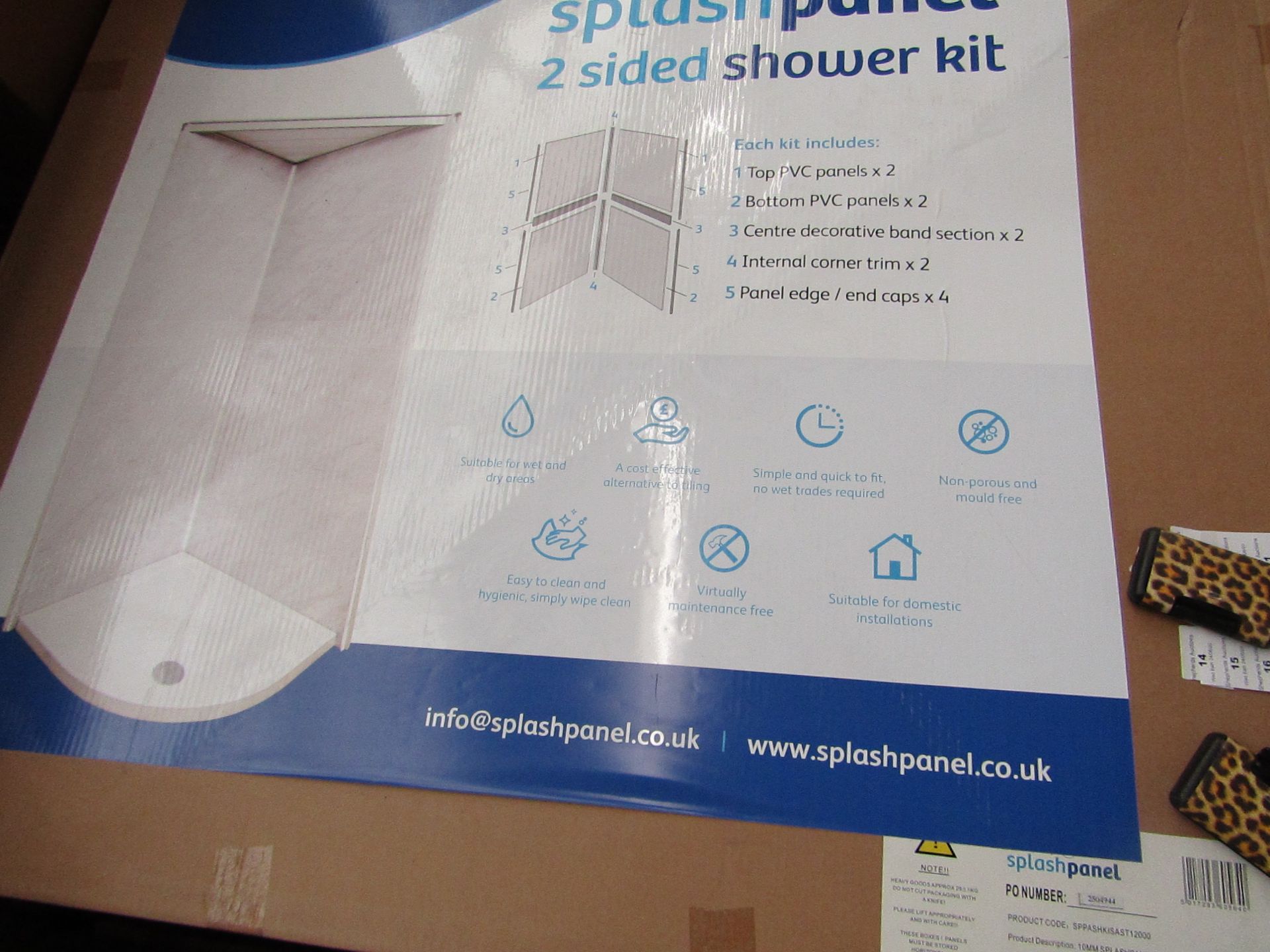 Splash Panel 2 sided shower wall kit in Sandstone, new and boxed, the kit contains 2 1200x1200 top