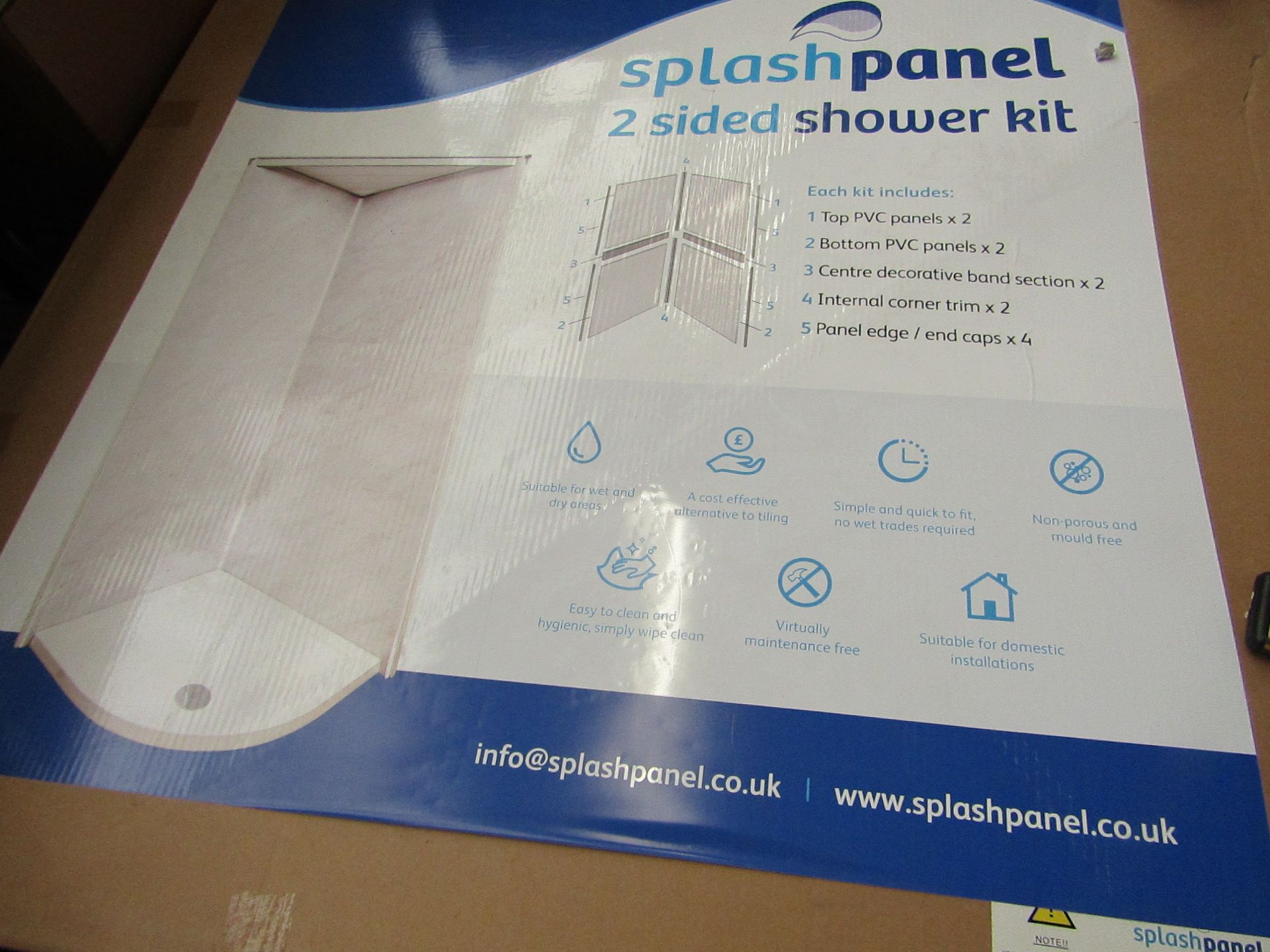 Splash Panel 2 sided shower wall kit in Sandstone, new and boxed, the kit contains 2 1200x1200 top