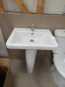 Cloak room basin set that includes a Victoria Plum Verso 550mm sink with Laufen made universal