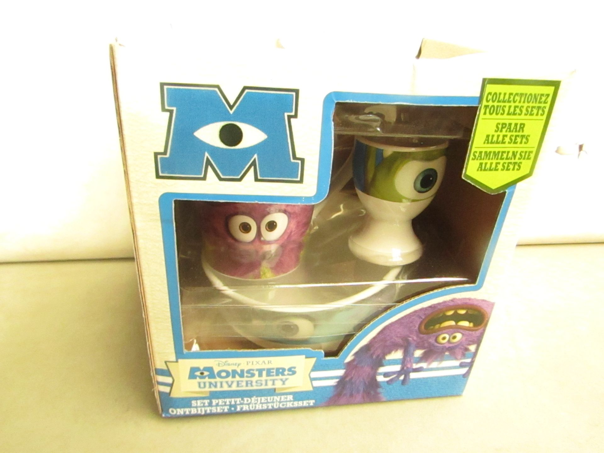 4 x Monsters University Breakfast Sets. Incl Bowl, Mug & Egg Cup. Boxed