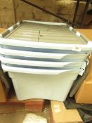 4 x Plastic Storage Boxes with lids. Unused but have cracks in the lids