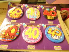 Approx 13 Boxes of Birthday Badges with Approx 172 Badges in each one. New