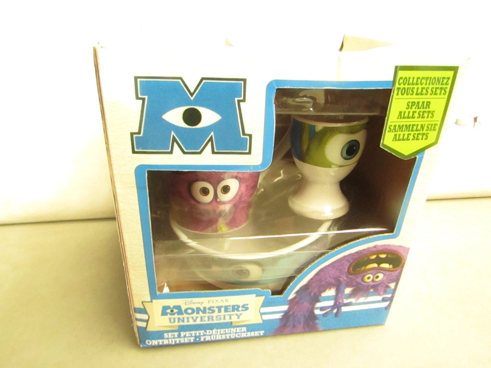 4 x Monsters University Breakfast Sets. Incl Bowl, Mug & Egg Cup. Boxed