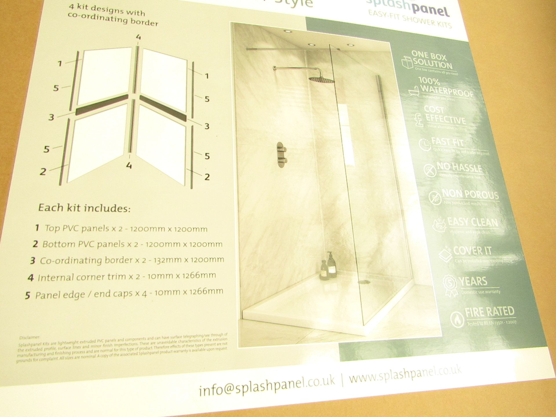 Splash Panel 2 sided shower wall kit in Marble Matt, new and boxed, the kit contains 2 1200x1200 top