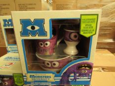 4 x Disney Pixar Monsters University Breakfast Sets. Incl Bowl, Mug & Egg Cup. Boxed (see image for