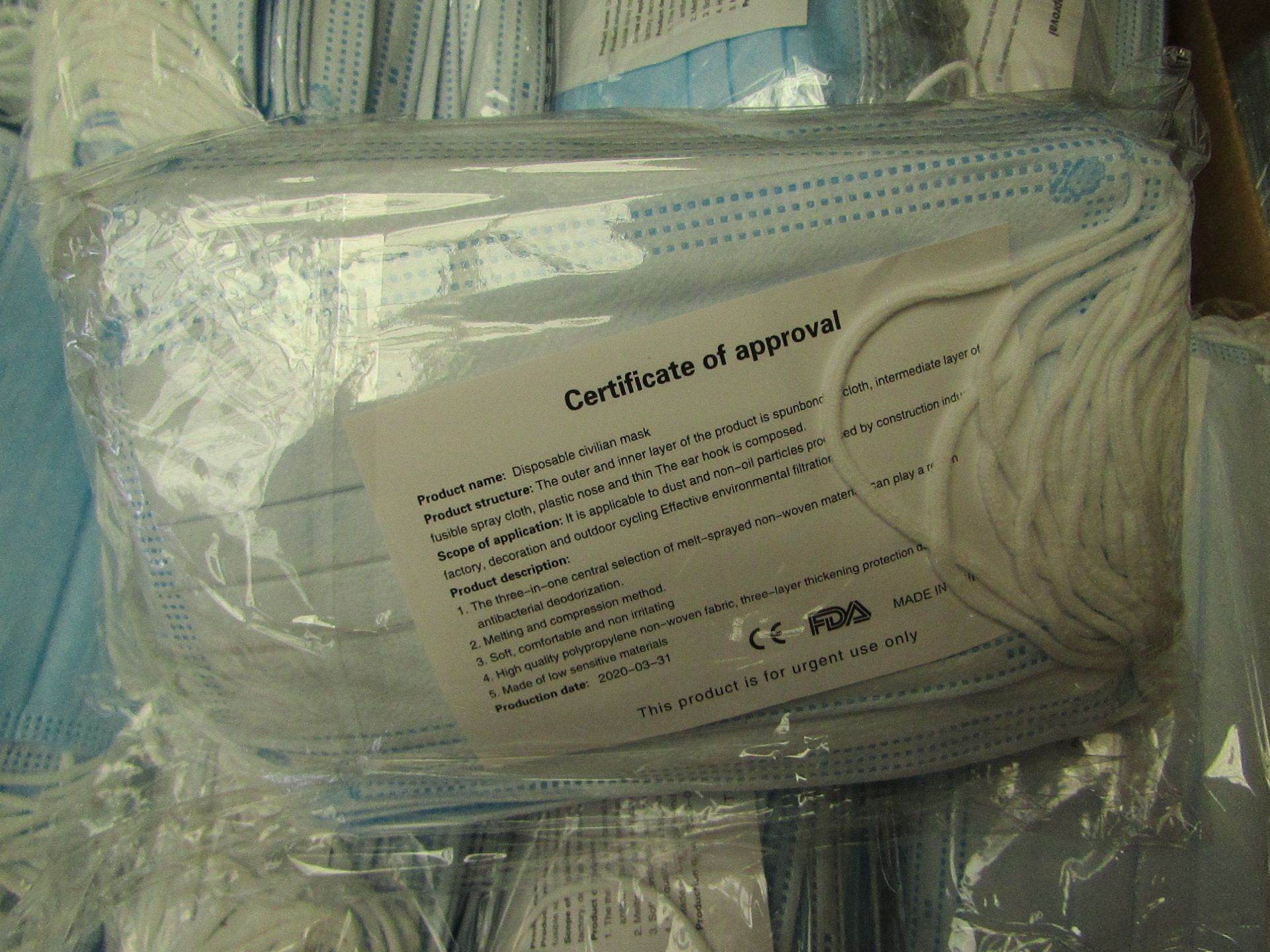5 x Packets of 50 x Huisida Health Civil protective mask new and carry a production date of 31/03/