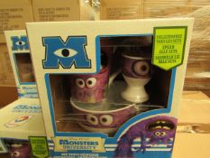 4 x Disney Pixar Monsters University Breakfast Sets. Incl Bowl, Mug & Egg Cup. Boxed (see image for