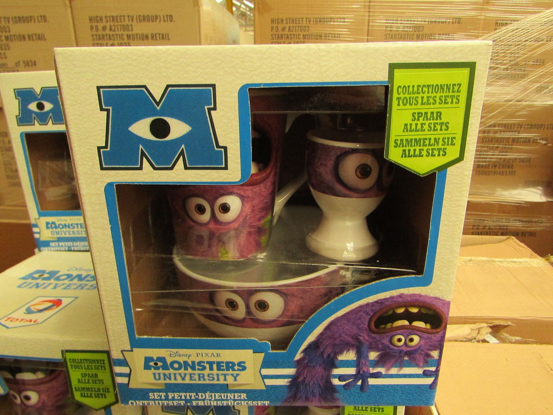 4 x Disney Pixar Monsters University Breakfast Sets. Incl Bowl, Mug & Egg Cup. Boxed (see image for