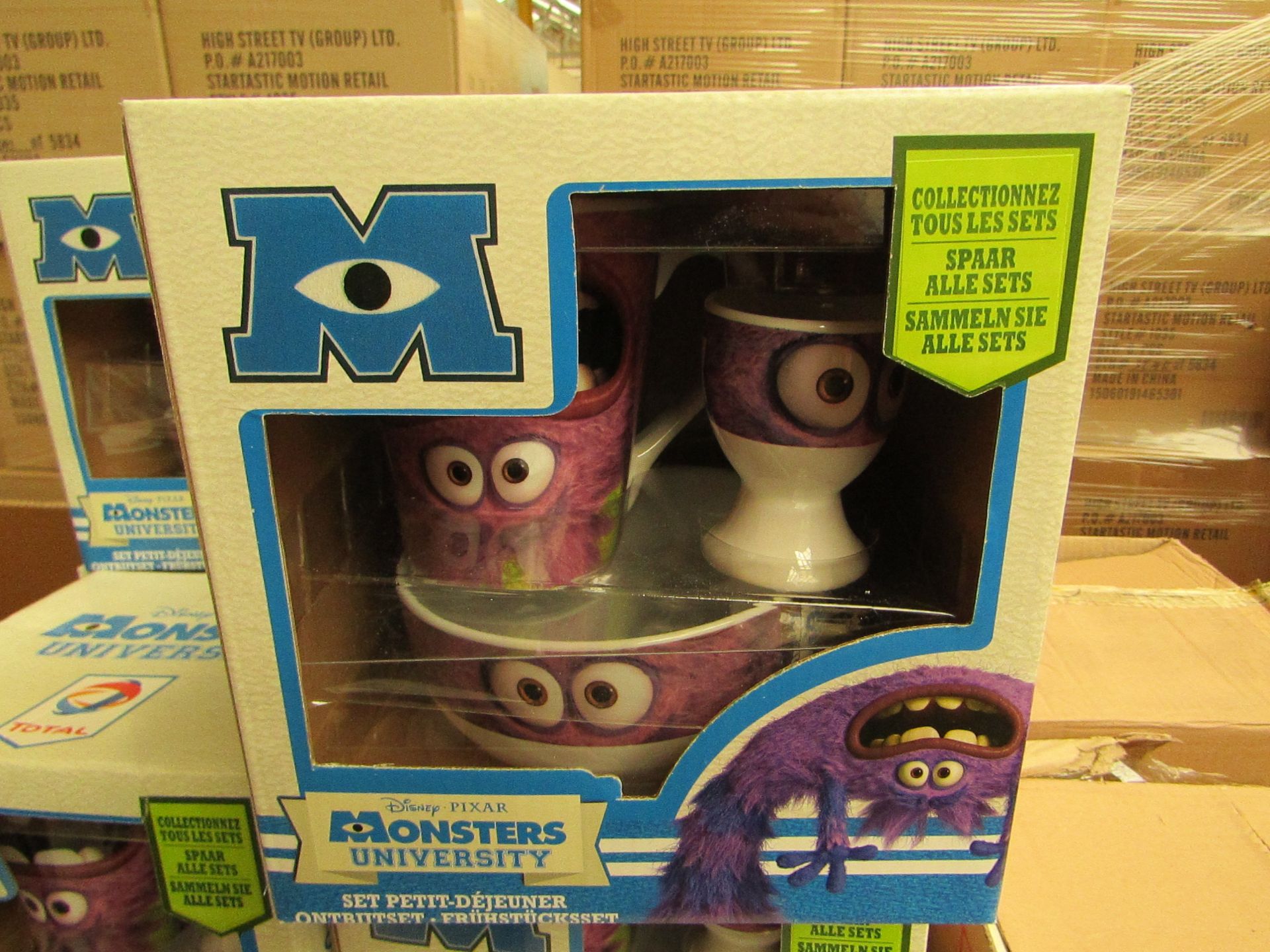 4 x Disney Pixar Monsters University Breakfast Sets. Incl Bowl, Mug & Egg Cup. Boxed (see image for